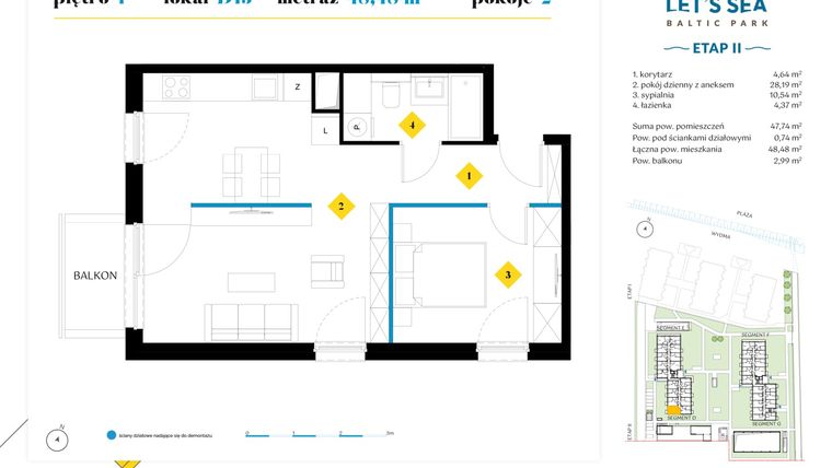 Rzut - Mieszkanie na sprzedaż 2 pokoje o powierzchni 48,48 m² - numer D13 w Let's Sea Baltic Park II