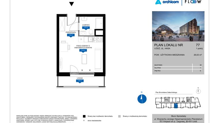 Rzut - Mieszkanie na sprzedaż 1 pokój o powierzchni 26,63 m² - numer 77 w Flow