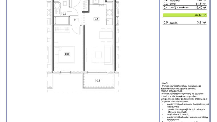 Rzut - Mieszkanie na sprzedaż 2 pokoje o powierzchni 37,68 m² - numer B.19 w EcoBerensona II