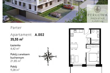 Rzut - Mieszkanie na sprzedaż 2 pokoje o powierzchni 35,55 m² - numer A.002 w Perłowa Przystań - Kołobrzeg - etap II