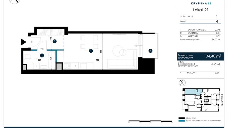 Rzut - Mieszkanie na sprzedaż 1 pokój o powierzchni 34,4 m² - numer M21 w Krypska 33