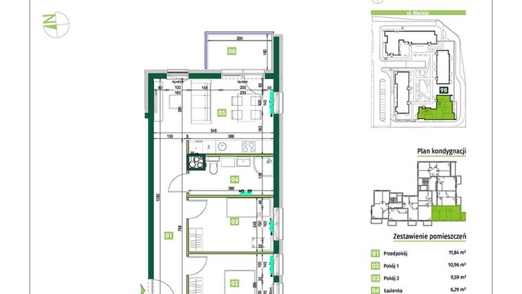 Rzut - Mieszkanie na sprzedaż 3 pokoje o powierzchni 56,25 m² - numer 9B.9 w Zielona Przystań etap III