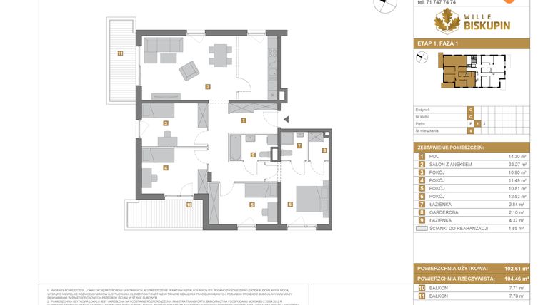 Rzut - Mieszkanie na sprzedaż 5 pokoi o powierzchni 102,61 m² - numer C.6 w Wille Biskupin