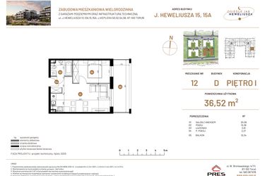 Rzut - Mieszkanie na sprzedaż 2 pokoje o powierzchni 36,52 m² - numer JAR-IV-D-LM-M12 w Osiedle JAR Heweliusza etap IV