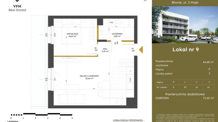 Rzut - Mieszkanie na sprzedaż 2 pokoje o powierzchni 44,68 m² - numer 9 w Apartamenty 3 Maja