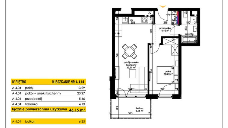 Rzut - Mieszkanie na sprzedaż 2 pokoje o powierzchni 46,15 m² - numer A 4.04 w Park Moniuszki II C