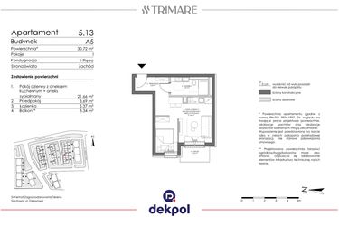 Rzut - Mieszkanie na sprzedaż 1 pokój o powierzchni 30,72 m² - numer 5.13 w Trimare