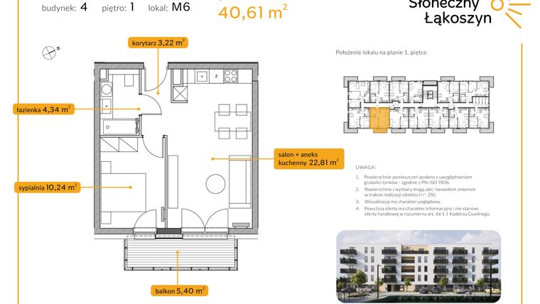 Rzut - Mieszkanie na sprzedaż 2 pokoje o powierzchni 40,61 m² - numer 4/M/1/6 w Osiedle Słoneczny Łąkoszyn bud. 4