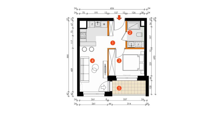 Rzut - Mieszkanie na sprzedaż 2 pokoje o powierzchni 32,54 m² - numer 8E-31 w Platanowy Park etap IV