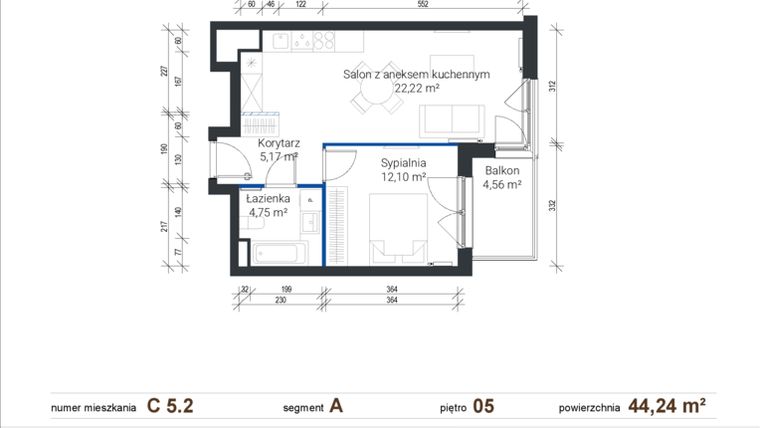 Rzut - Mieszkanie na sprzedaż 2 pokoje o powierzchni 44,24 m² - numer C 5.2 w Nowe Zabłocie