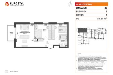 Rzut - Mieszkanie na sprzedaż 3 pokoje o powierzchni 54,27 m² - numer E.33 w Osiedle Warszawska