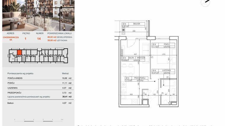 Rzut - Mieszkanie na sprzedaż 2 pokoje o powierzchni 38,6 m² - numer B14 w Symfonia - Chodkiewicza 9