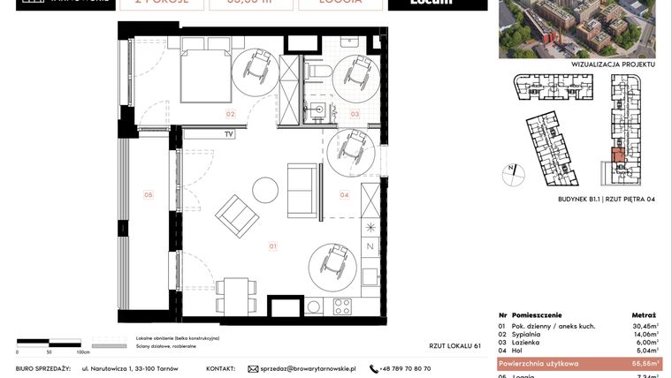 Rzut - Mieszkanie na sprzedaż 2 pokoje o powierzchni 55,55 m² - numer B1.1.61 w Browary Tarnowskie etap 1