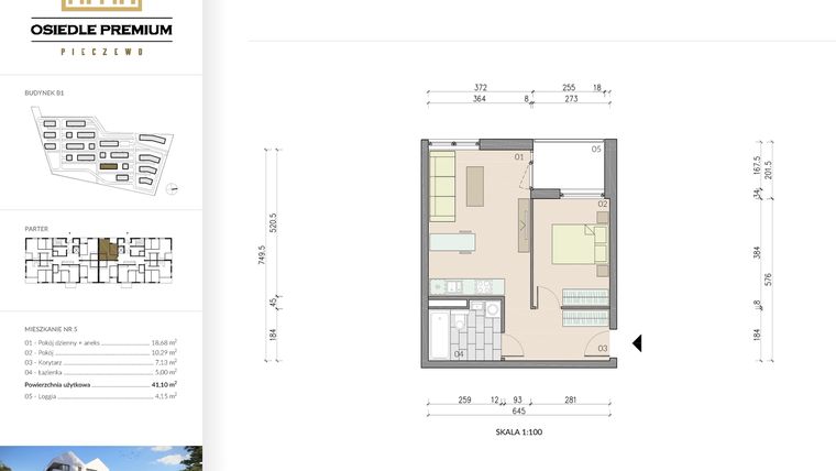 Rzut - Mieszkanie na sprzedaż 2 pokoje o powierzchni 41,1 m² - numer B1.5 w Osiedle Premium etap IV