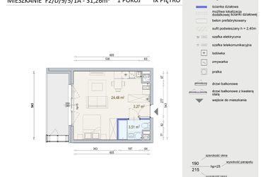 Rzut - Mieszkanie na sprzedaż 1 pokój o powierzchni 31,26 m² - numer D/9/5/1A w Modern Mokotów bud. F1 i F2