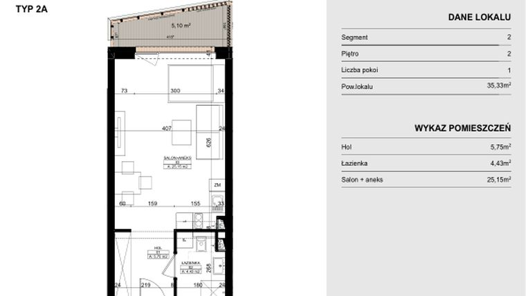 Rzut - Mieszkanie na sprzedaż 1 pokój o powierzchni 35,33 m² - numer P.165 w Ogrodowa 1
