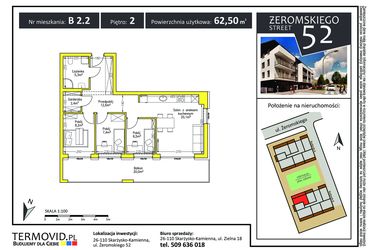 Rzut - Mieszkanie na sprzedaż 3 pokoje o powierzchni 62,9 m² - numer B 2.2 w Żeromskiego Street 52
