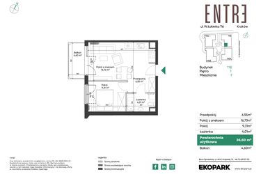 Rzut - Mieszkanie na sprzedaż 2 pokoje o powierzchni 36,6 m² - numer 116-M07 w Entre