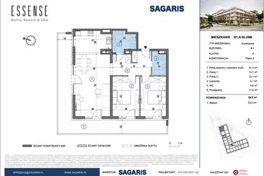 Rzut - Mieszkanie na sprzedaż 3 pokoje o powierzchni 84,8 m² - numer B1.A.02.26M w ESSENSE Baltic Resort&SPA 2