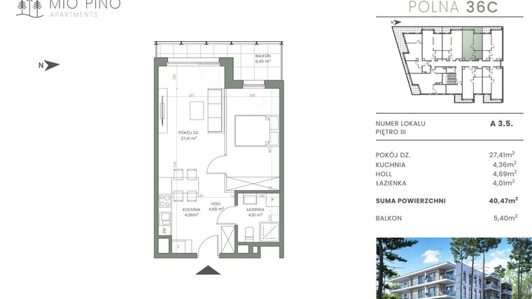 Rzut - Mieszkanie na sprzedaż 2 pokoje o powierzchni 40,04 m² - numer 3.5 w Mio Pino