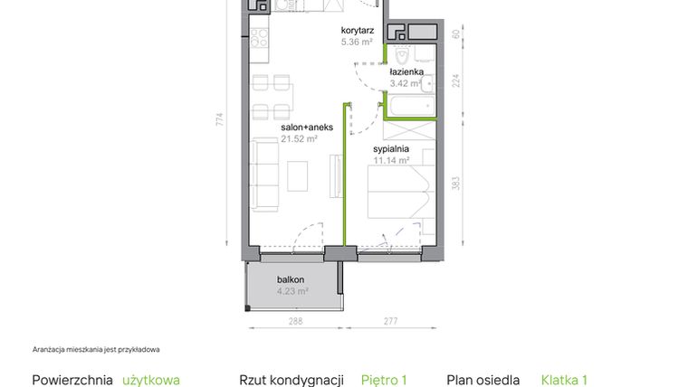 Rzut - Mieszkanie na sprzedaż 2 pokoje o powierzchni 41,44 m² - numer K1/1/02 w Piękna Vita