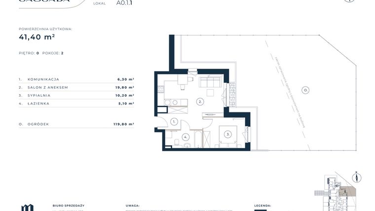 Rzut - Mieszkanie na sprzedaż 2 pokoje o powierzchni 41,4 m² - numer A0.1.1 w Cascada