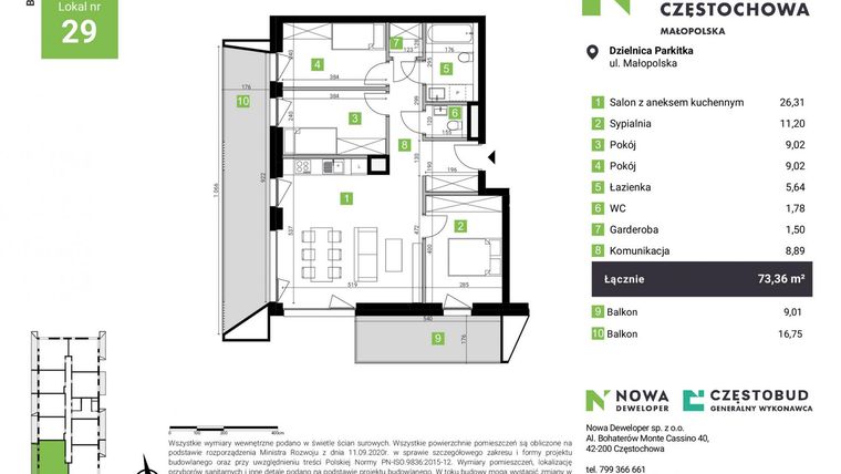 Rzut - Mieszkanie na sprzedaż 4 pokoje o powierzchni 73,36 m² - numer A29 w Nowa Częstochowa Małopolska