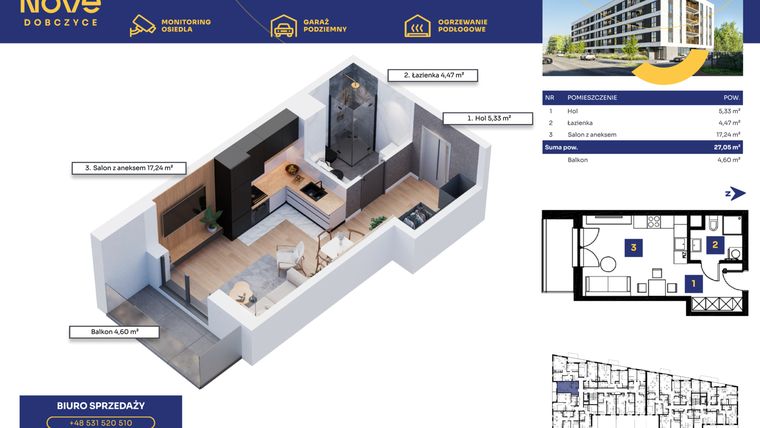 Rzut - Mieszkanie na sprzedaż 1 pokój o powierzchni 27,05 m² - numer M65 w Nove Dobczyce