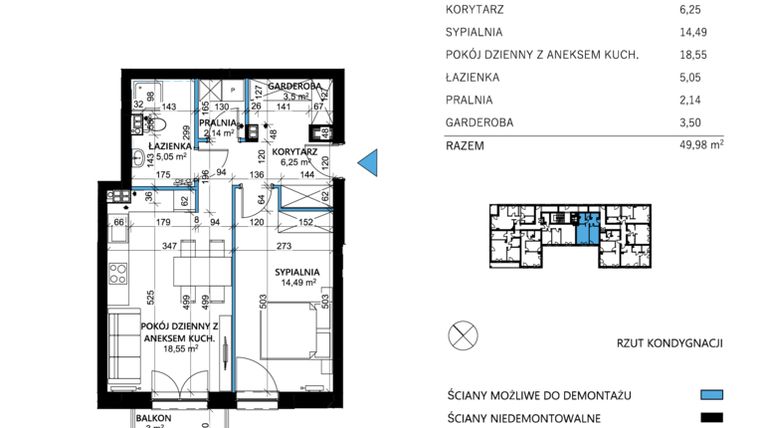 Rzut - Mieszkanie na sprzedaż 2 pokoje o powierzchni 49,98 m² - numer 14 w Comfort Corner