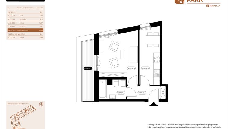 Rzut - Mieszkanie na sprzedaż 1 pokój o powierzchni 33,02 m² - numer 2.07 w Białoprądnicka Park