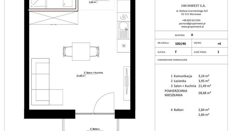 Rzut - Mieszkanie na sprzedaż 1 pokój o powierzchni 28,68 m² - numer 10D/40 w Jasielska 8C etap II