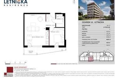 Rzut - Mieszkanie na sprzedaż 2 pokoje o powierzchni 49,87 m² - numer A.1.07 w Letnicka Residence