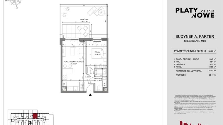 Rzut - Mieszkanie na sprzedaż 2 pokoje o powierzchni 38 m² - numer A.08 w Osiedle Platynowe