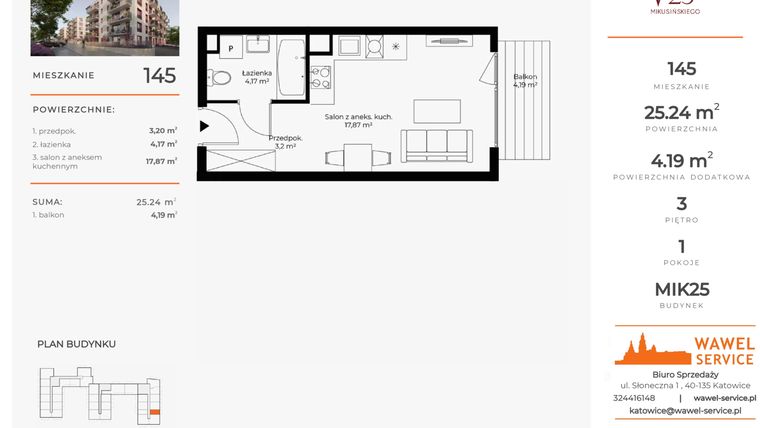 Rzut - Mieszkanie na sprzedaż 1 pokój o powierzchni 25,24 m² - numer 145 w Mikusińskiego 25