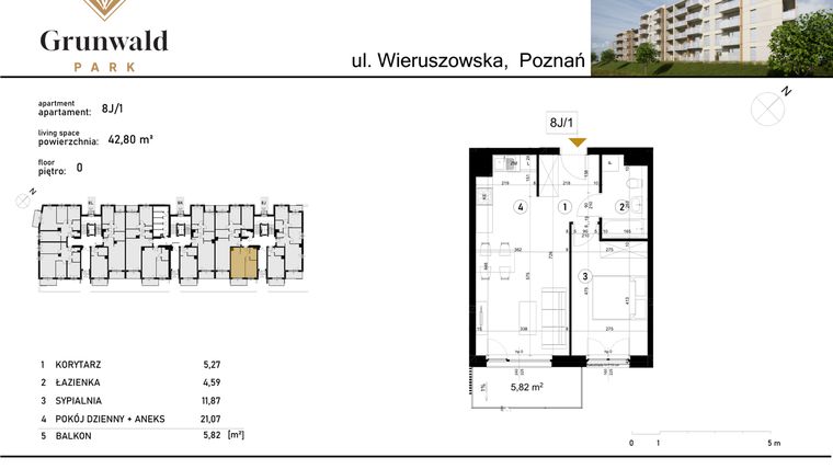 Rzut - Mieszkanie na sprzedaż 2 pokoje o powierzchni 42,8 m² - numer 8 J/1 w Grunwald Park