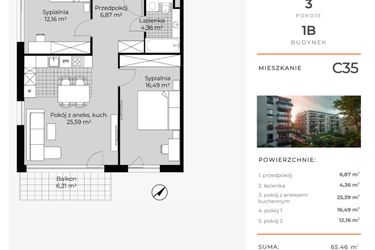 Rzut - Mieszkanie na sprzedaż 3 pokoje o powierzchni 65,46 m² - numer C35 w Na Koszutce