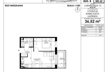 Rzut - Mieszkanie na sprzedaż 2 pokoje o powierzchni 36,52 m² - numer JAR-II-B-LM-M62 w Osiedle JAR Heweliusza etap II