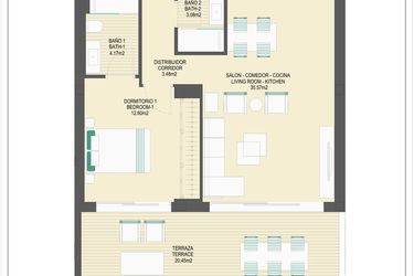 Rzut - Mieszkanie na sprzedaż 3 pokoje o powierzchni 90,21 m² - numer B64B w Arrecife by UrbinCasa