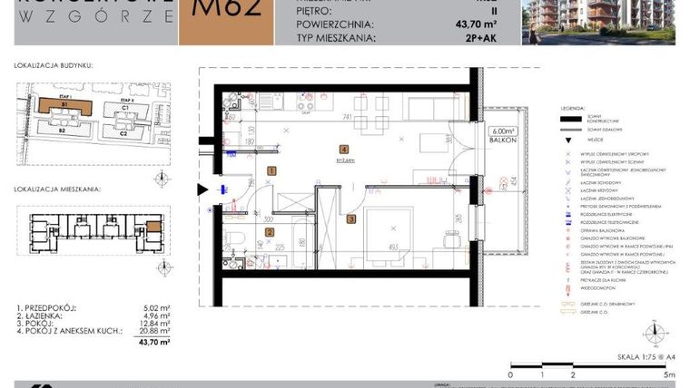 Rzut - Mieszkanie na sprzedaż 2 pokoje o powierzchni 43,7 m² - numer B1.62 w Koncertowe Wzgórze