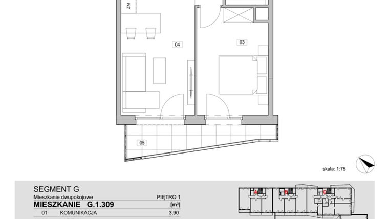 Rzut - Mieszkanie na sprzedaż 2 pokoje o powierzchni 40,67 m² - numer G.1.309 w ATAL Unii Lubelskiej