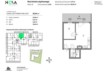 Rzut - Mieszkanie na sprzedaż 2 pokoje o powierzchni 36,94 m² - numer L.U. 10 w Nova Radiostacja - apartamenty inwestycyjne