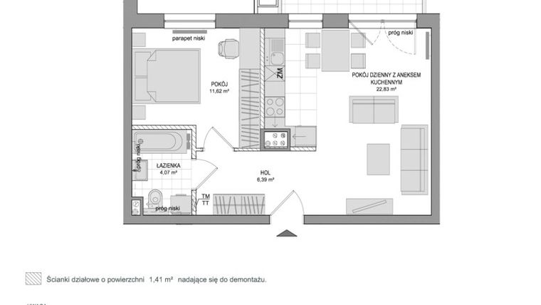 Rzut - Mieszkanie na sprzedaż 2 pokoje o powierzchni 46,32 m² - numer C.21 w Dynamika
