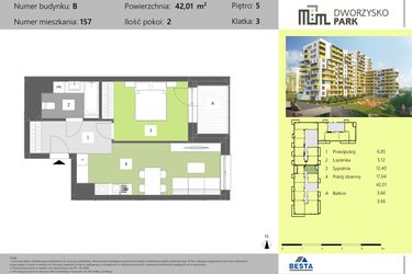 Rzut - Mieszkanie na sprzedaż 2 pokoje o powierzchni 42,01 m² - numer 157 w Dworzysko Park - Etap II