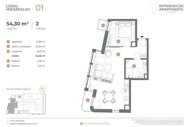 Rzut - Mieszkanie na sprzedaż 2 pokoje o powierzchni 54,3 m² - numer 1 w Witkiewicza Apartments