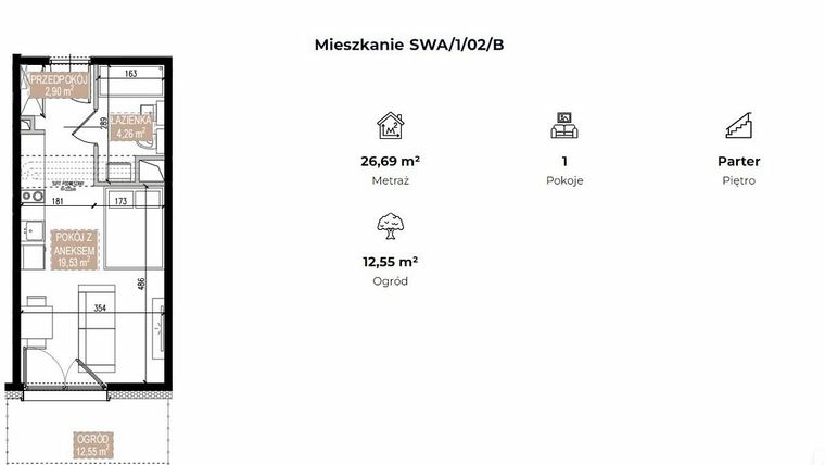 Rzut - Mieszkanie na sprzedaż 1 pokój o powierzchni 26,61 m² - numer SWA/1/02/B w Apartamenty Świeradowska