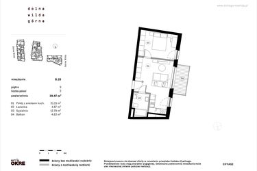 Rzut - Mieszkanie na sprzedaż 2 pokoje o powierzchni 38,67 m² - numer B.33 w Dolna Górna Wilda