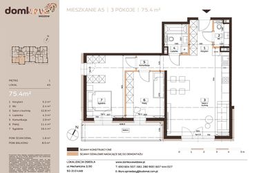 Rzut - Mieszkanie na sprzedaż 3 pokoje o powierzchni 75,4 m² - numer A5 w Domkove Widzew