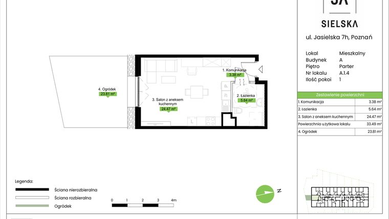 Rzut - Mieszkanie na sprzedaż 1 pokój o powierzchni 33,49 m² - numer A.1.4 w JA_SIELSKA V