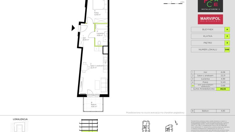 Rzut - Mieszkanie na sprzedaż 2 pokoje o powierzchni 46,55 m² - numer A046 w In Place 1
