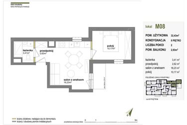Rzut - Mieszkanie na sprzedaż 2 pokoje o powierzchni 32,43 m² - numer M08 w Międzylesie przy lesie